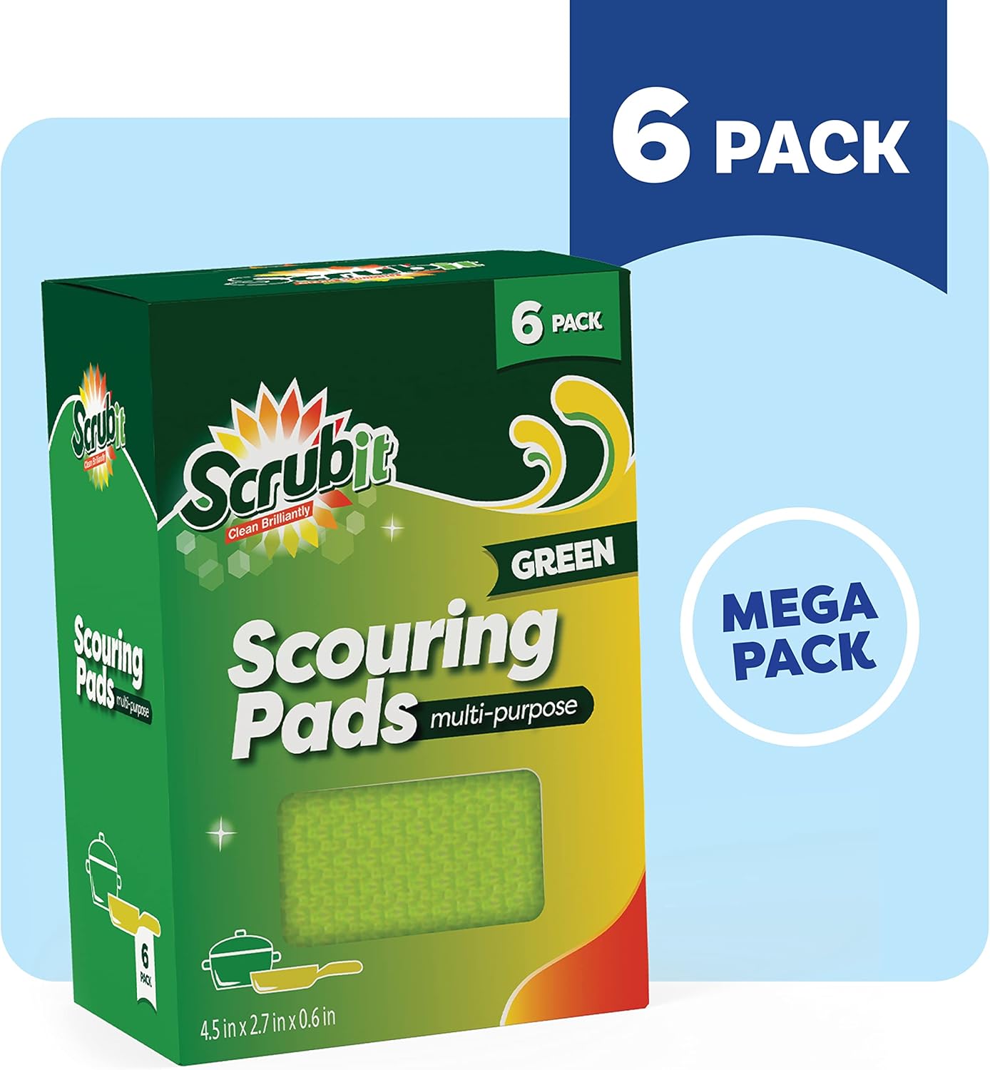 SCRUBIT Multi-Purpose Scouring Pad - Non-Scratch Cleaning Sponges for Pots, Pans, Dishes, Utensils & Non-Stick Cookware - Scrubbing Pads Use for Kitchen, Bathroom - 6 Pack Dish Sponge (Green)