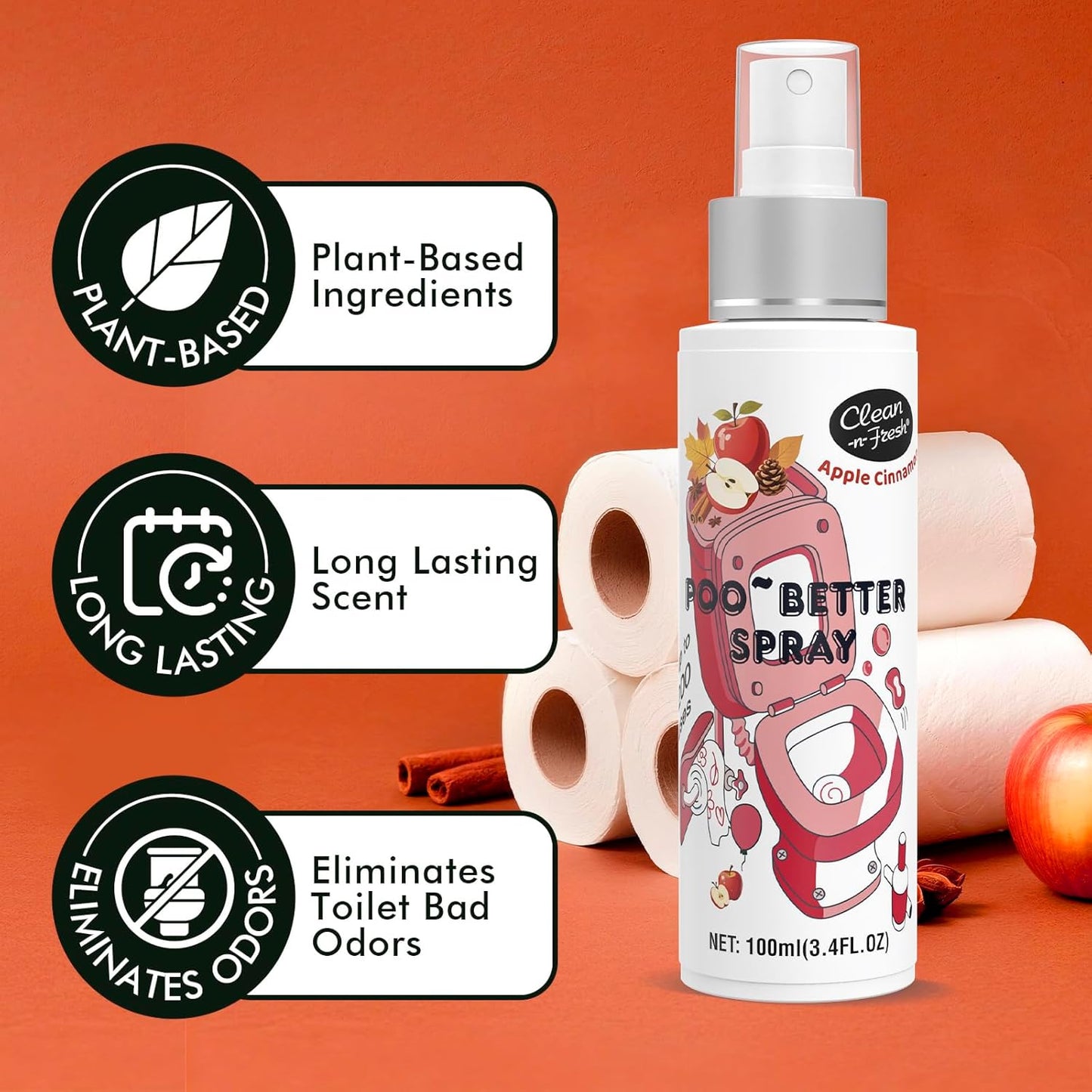 Clean-n-Fresh Toilet Spray, Apple Cinnamon, 6.8 Fl.Oz, Up to 400+ Uses, Air Freshener Spray, Toilet Bathroom Odor Deodorizer, Cinnamon, Apple & Pine Scent