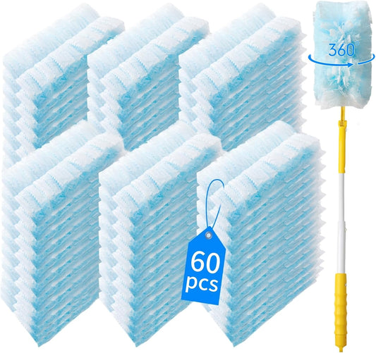 60 Count 360° Heavy Duty Duster Refills Compatible with Swiffer,Large Size-Extra Thick Disposable Electrostatic Duster Refill with 1 Retractable Handle(35-inch Length Fully expanded)