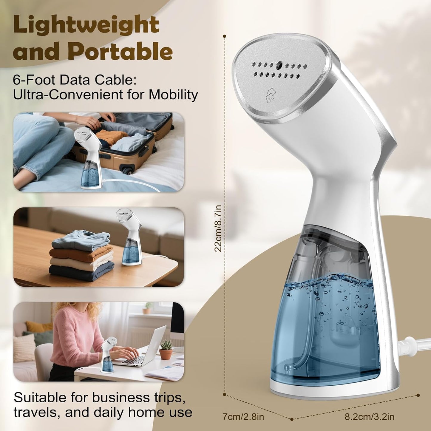 Portable Steamer for Clothes, 20s Fast-Heat Handheld Garment Steamer with Leak-Proof Tech, Large-Capacity Iron for Travel, Home & Dorm