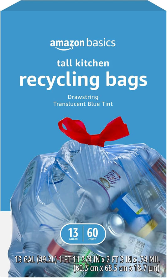 Amazon Basics Blue Recycling Trash Bags, Unscented, 13 Gallon, 60 count, Pack of 1