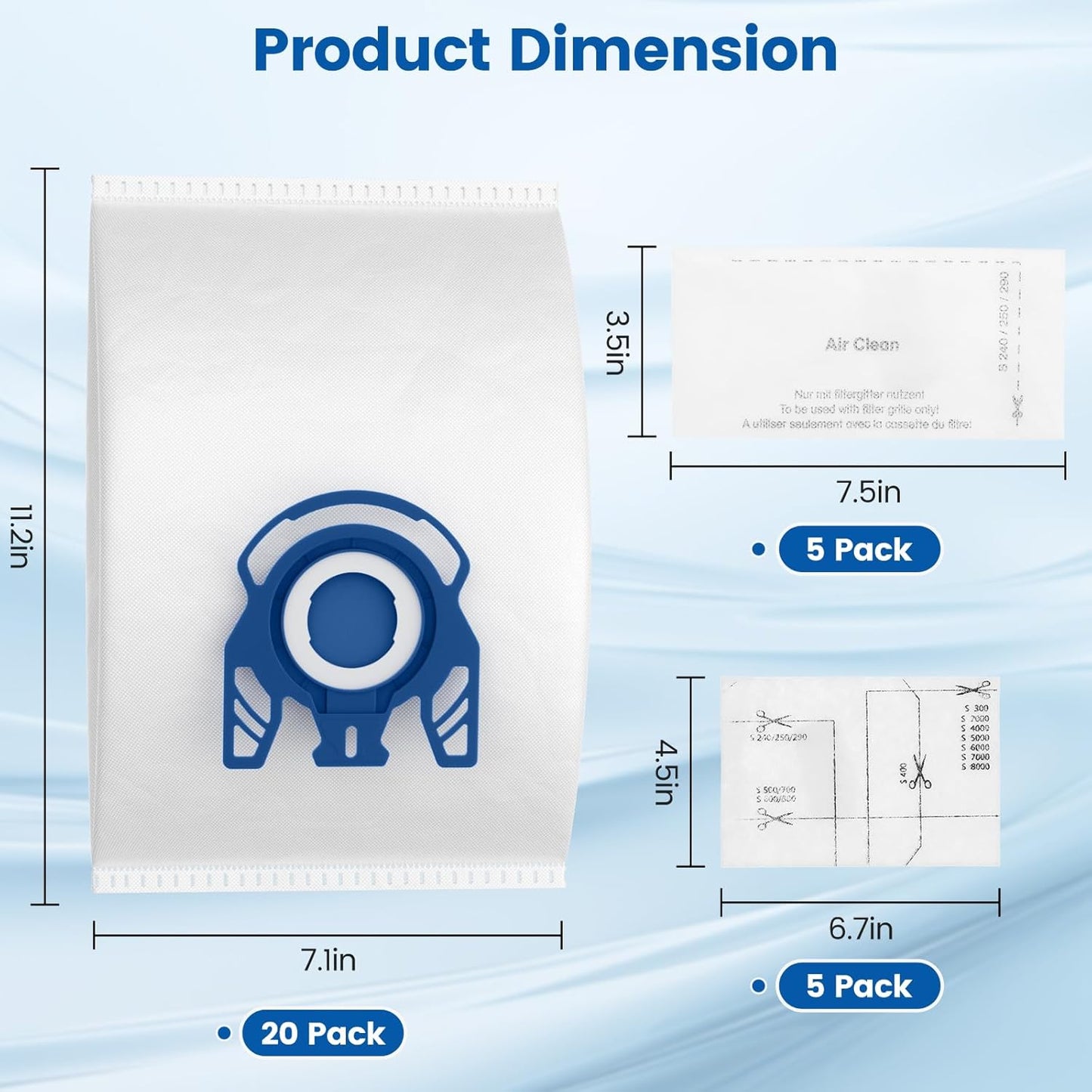 20 Pack 3D Airclean GN Vacuum Bags Compatible with Miele Classic C1, Complete C1, Complete C2, Complete C3, S227 S240, S270, S400, S2, S5, S8 Series Canister Vacuum Cleaner