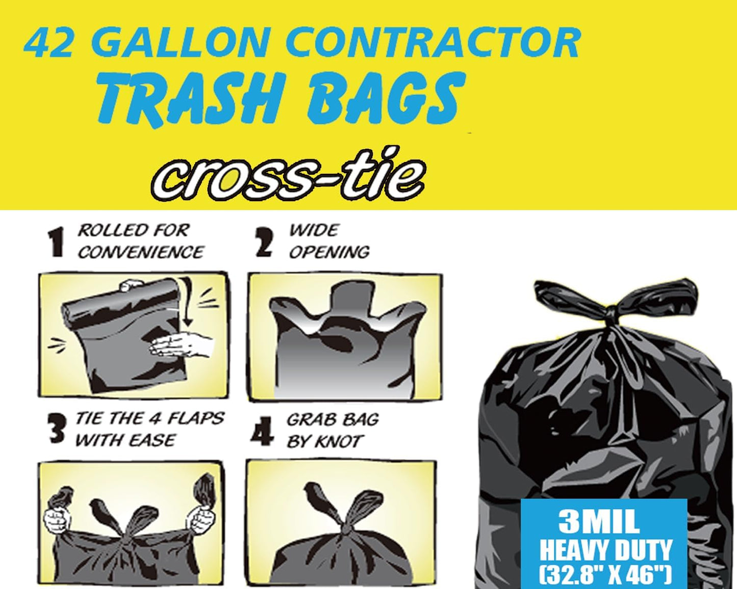 Contractor Heavy Duty Trash Bags 42 Gallon | 26 Count | 3 MIL | 32.8" X 46" | Large Black Flap Tie Construction Garbage Bags for Business Home Commercial, Industrial, Storage, Outdoor