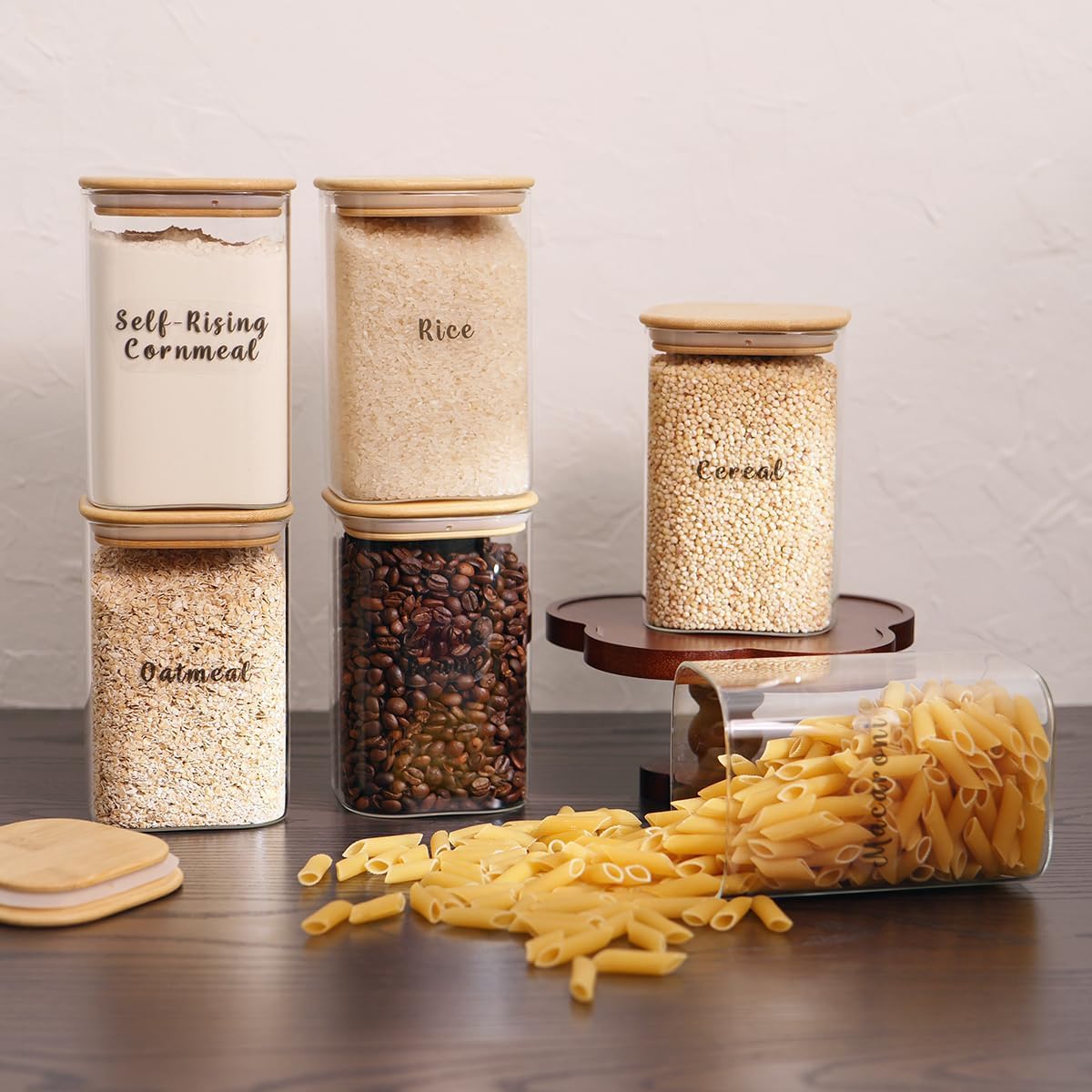 6 Pcs Square Glass Pantry Storage Containers with Bamboo Airtight Lid and 248 Clear Pantry Labels Preprinted - 37oz Thicken Glass Food Storage Jars for Coffee, Cookie, Tea, Sugar, Spice
