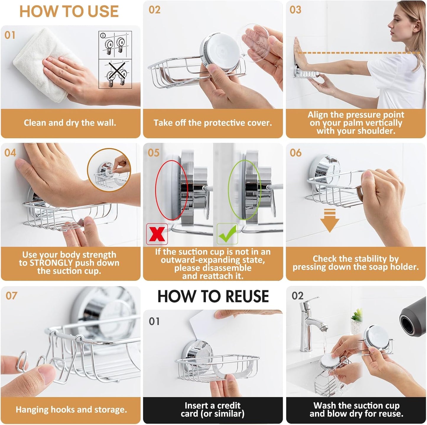 LEVERLOC Bar Soap Holder Dish with Hooks, Soap Tray Suction Cup Wall Mounted for Shower, Stainless Steel Sponge Holder Caddy for Bathroom Kitchen Sink Organizer, Rustproof, Silver