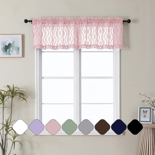 Aiyufeng Pink Curtains Kitchen 14 Inch Length, Clip Jacquard Chic Wavy Line Blush Valances for Windows, Lightweight Airy Rod Pocket Short Curtains for Bathroom Basement, 2 PCS, 40" Wx14 L Inches