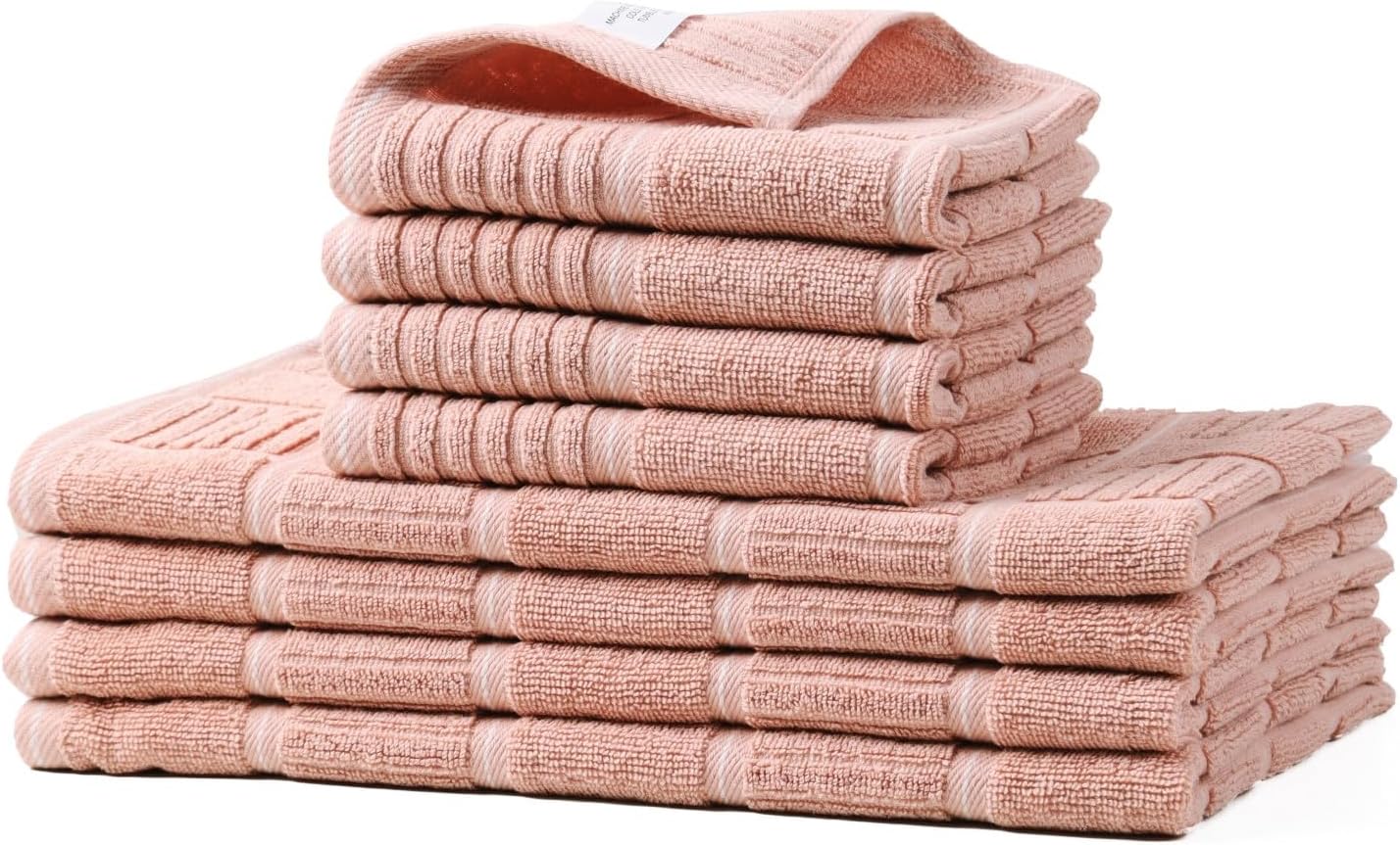 Glynniss Kitchen Towels and Dishcloths Set, Four Kitchen Dish Towels 16x26 Inches, Four Absorbent Dish Cloths for Washing Dishes 12x12 Inches, Cleaning and Drying for Everyday Use Pack of 8 (Pink)