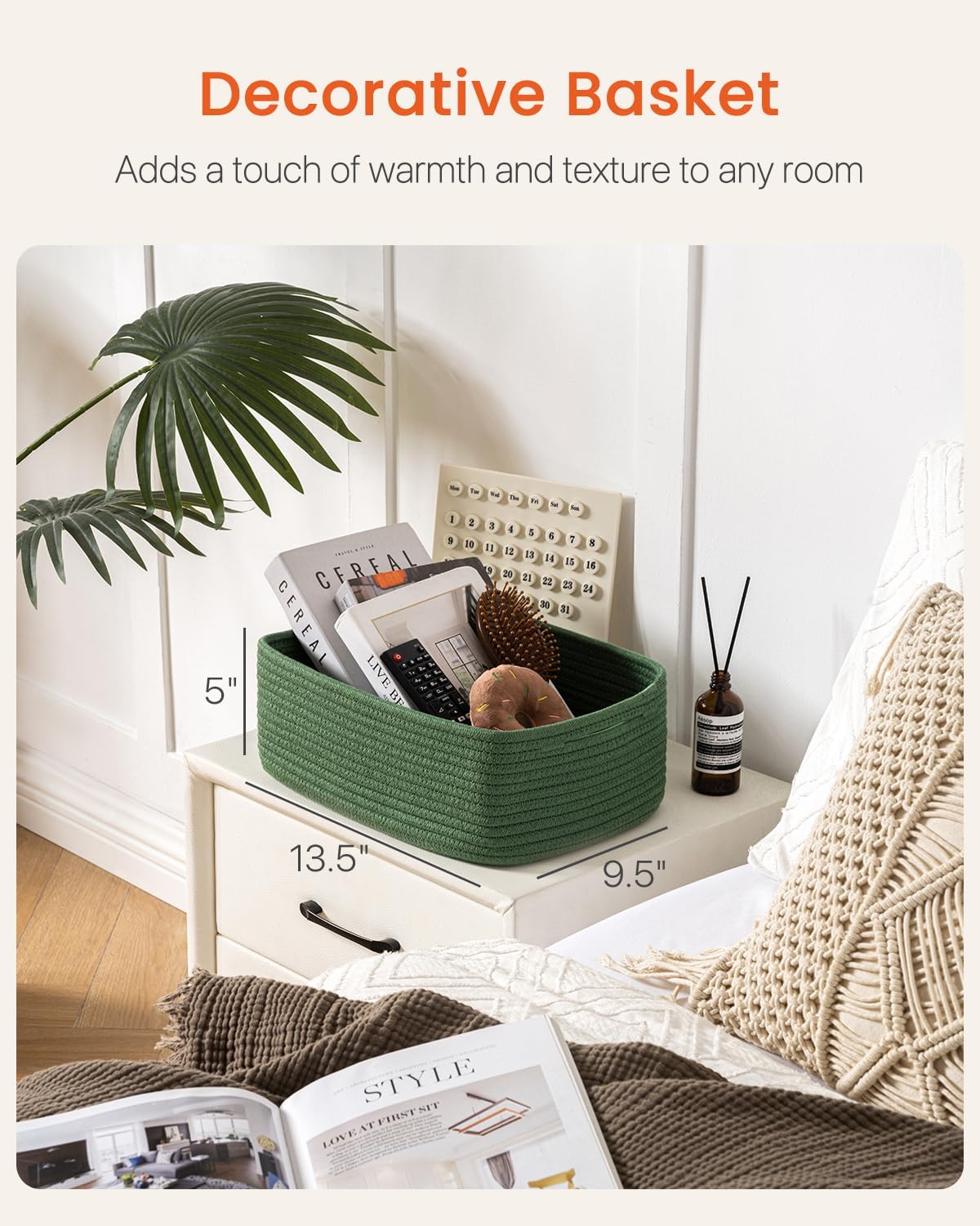 Small Woven Basket, 13.5 x 9.5 x 5 Inches, Storage Basket for Organizing, Cute Small Rope Shelf Closet Cube Storage Bins Baskets for Shelves, Dog Toy Gift Baskets Empty, 3 Pack, Green