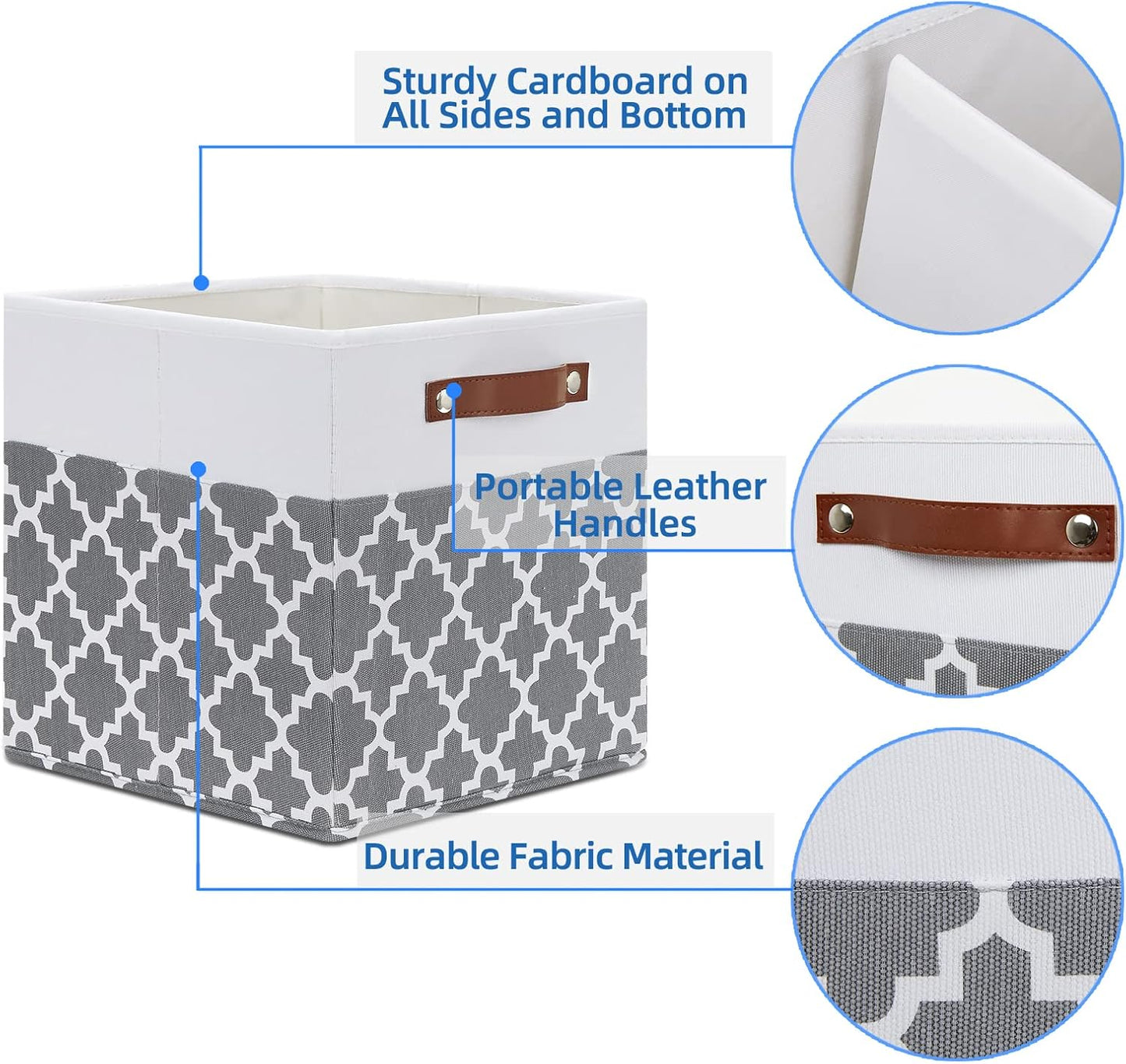 Temary 12x12x12 Fabric Storage Bins 4 Pack with Leather Handle, Foldable Cubes Storage Box Baskets for Closet, Shelf (White&Lattice)