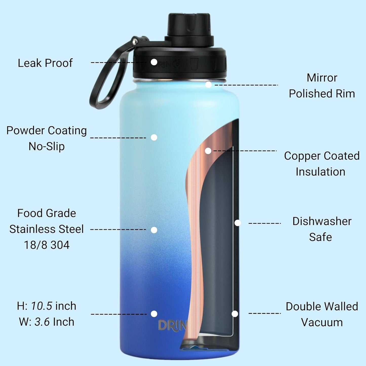 DRINCO Stainless Steel Water Bottle Spout Lid Vacuum Insulated Double Wall Water Bottle Wide Mouth (40oz 32oz 22oz 18oz 14oz) Leak Proof Keeps Cold or Hot (32 oz, 32oz Morning Sky Blue)