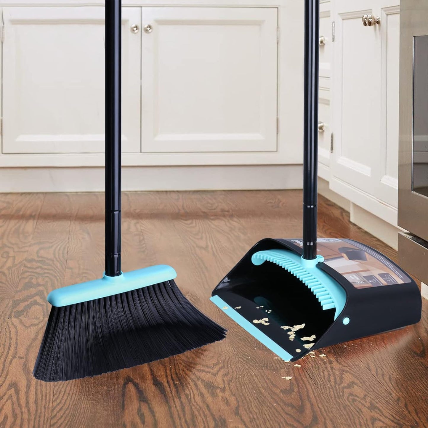 Broom with Dustpan Combo Set,Dust pan with Broom Combo Set,Standing Dustpan and Broom with 54” Long Handle for Indoor Lobby Office Kitchen Sweeping
