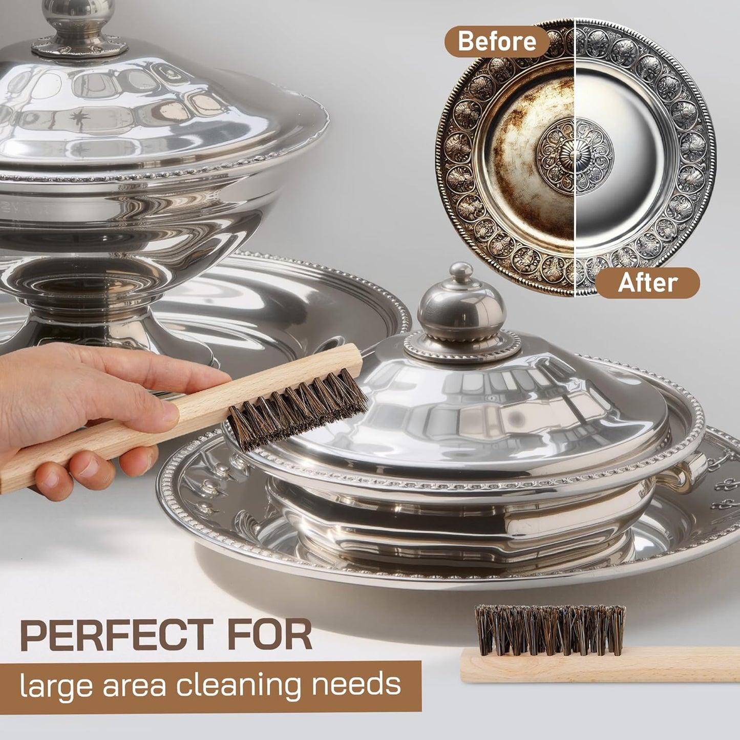 TAKAVU Horsehair Detail Brush Set, Silver Cleaning Brushes & Polish Cloth for Silverware Plateware Jewelry