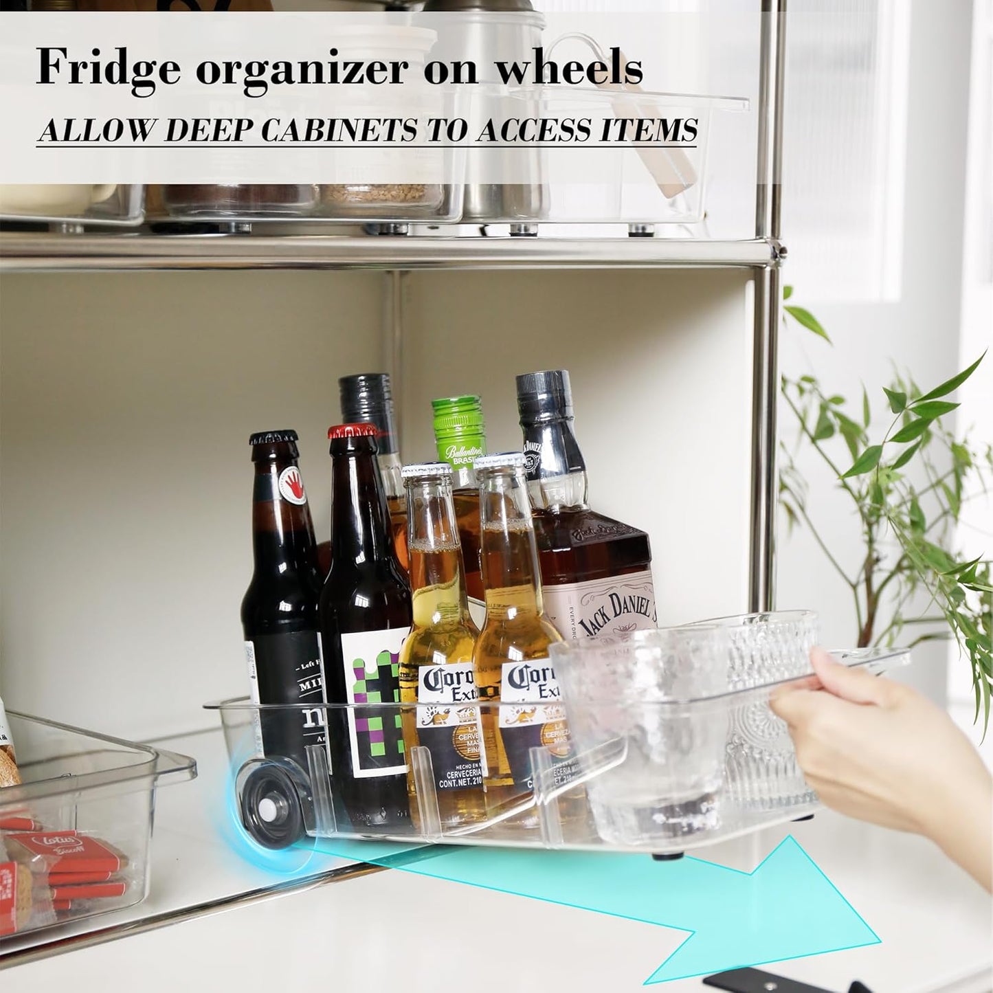 Fridge Organizer Bins With Wheels, 3 Pack Roll Out Refrigerator Organizers And Storage Refrigerator Drawer With Dividers, Upgrade Thick Plastic Pantry Storage Bins, Kitchen Organization