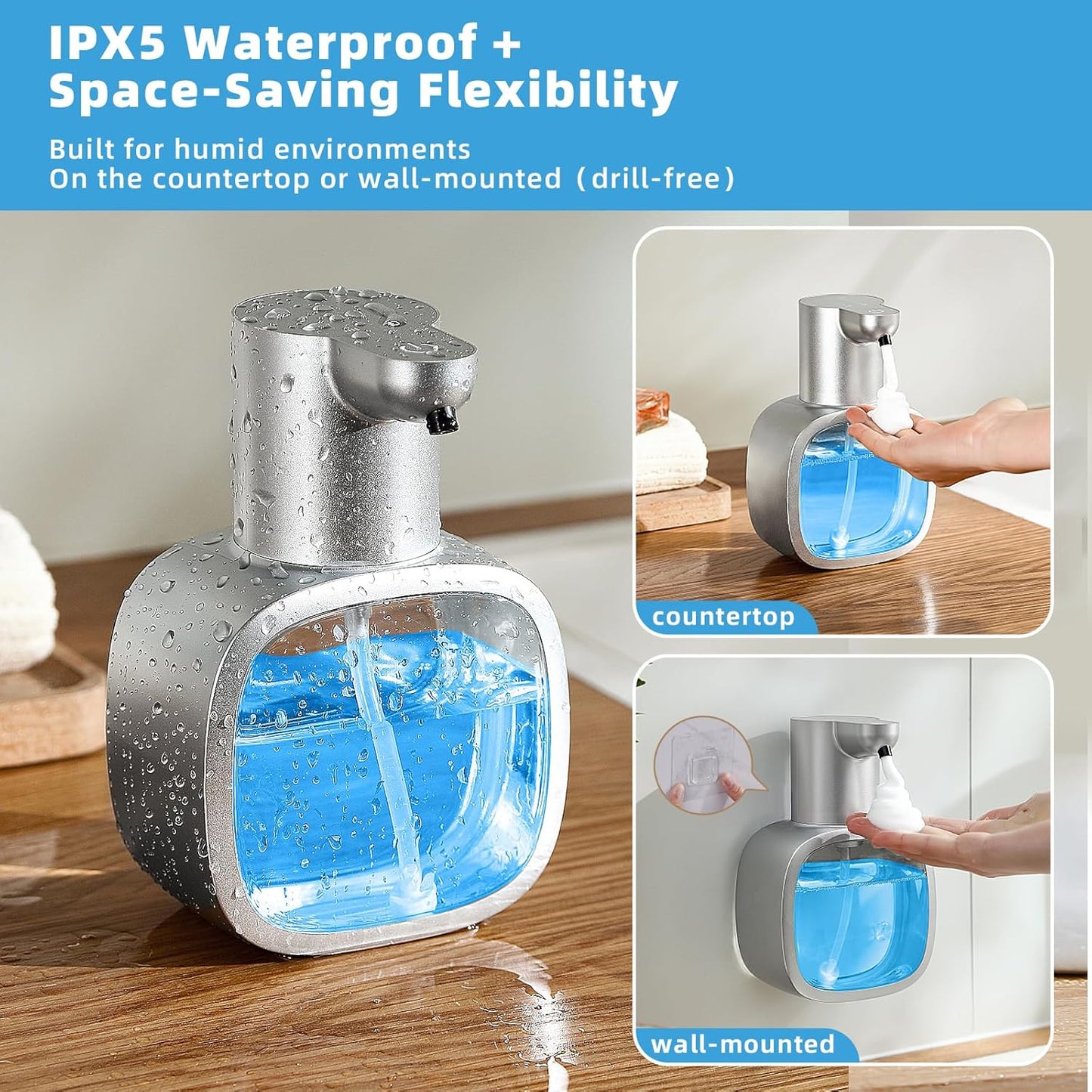 Automatic Foaming Soap Dispenser, 17oz/500ml Touchless Rechargeable with 4-Level Adjustable & IPX5 Waterproof - Level Display for Wall/Tabletop Use in Bathroom, Kitchen, Silver