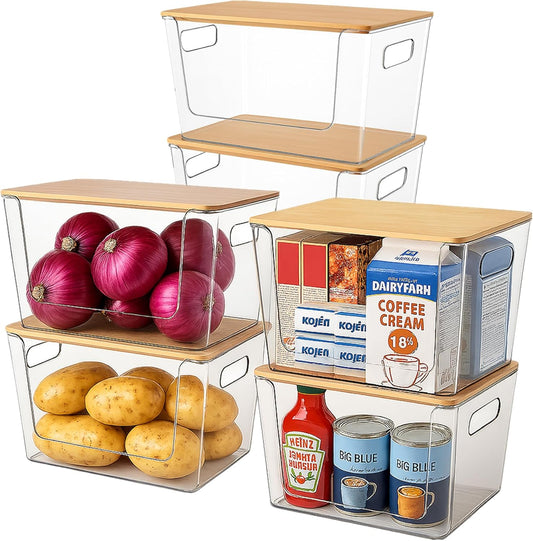 6 Pack Clear Stackable Storage Bins with Bamboo Lids, Plastic Storage Containers with Handle for Pantry, Bathroom, Kitchen, Closet, Cabinet, Fridge Organizer and Storage