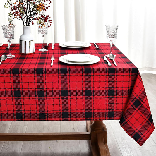 Gingham Xmas Tablecloth Fabric - Oblong 58x120 Water Resistant Christmas Plaid Table Cloth for Indoor/Outdoor Use - Red Tabletop Cover Perfect for Birthday, Picnics, Gardens