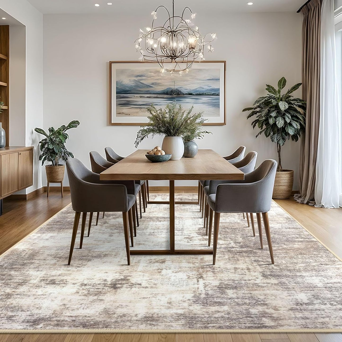 IOHOUZE Abstract Area Rugs 8x10 Ft Washable Large Rugs for Living Room, Non Slip Dining Room Rug, Printed Faux Wool Rugs for Bedroom, Floor Carpet for Office Nursery Playroom, Beige Brown