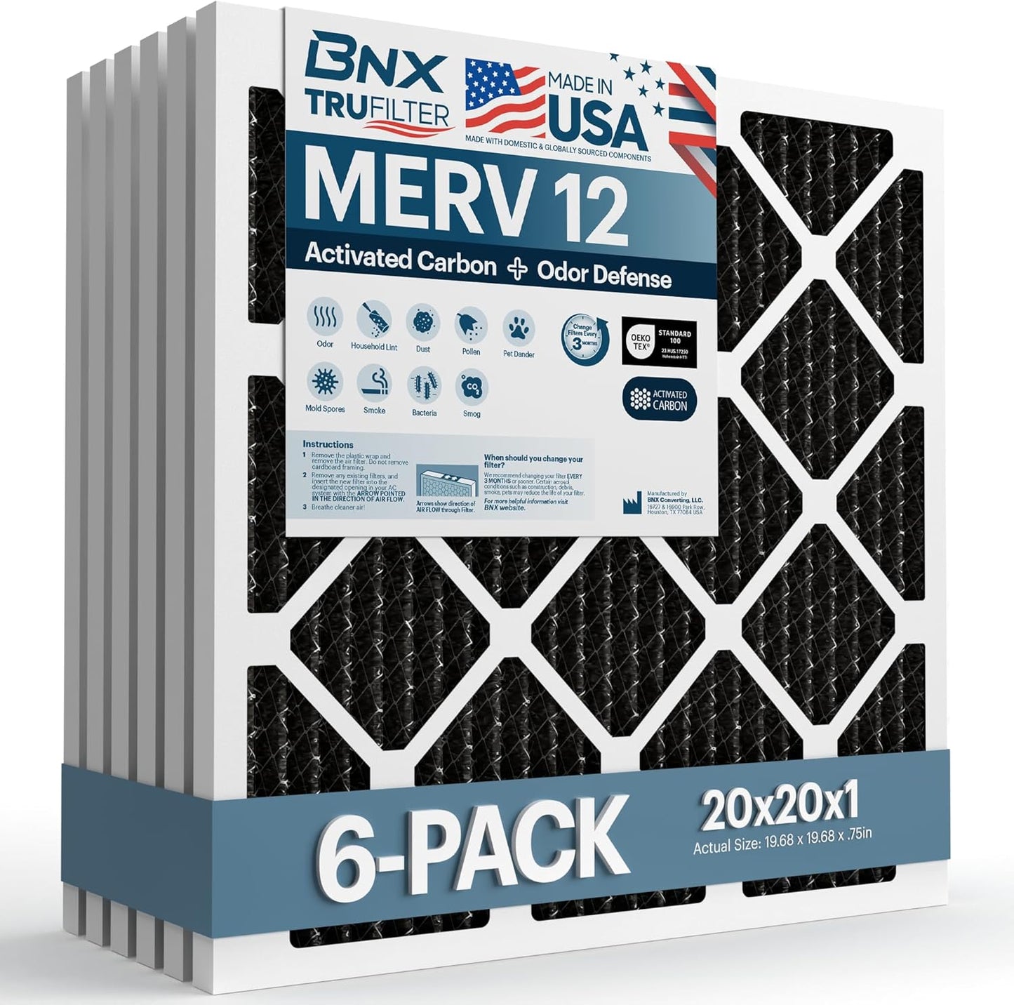 BNX TruFilter 20x20x1 MERV 12 Odor Defense (6-Pack) AC Furnace Air Filter with Activated Carbon - MADE IN USA - Pleated Air Conditioner HVAC AC Furnace Filters - Removes Odor, Mold, Bacteria, Smoke