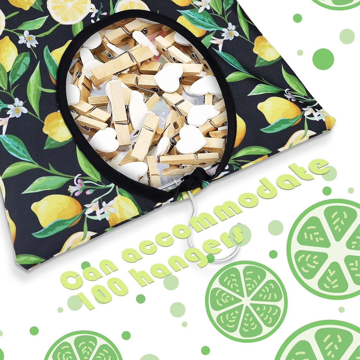 2 Pcs Lemon Clothespin Bag With Hanging Hook - 15 X 11 Inch Laundry Canvas Clothes Pin Holder, Waterproof Storage Organizer With Large Opening