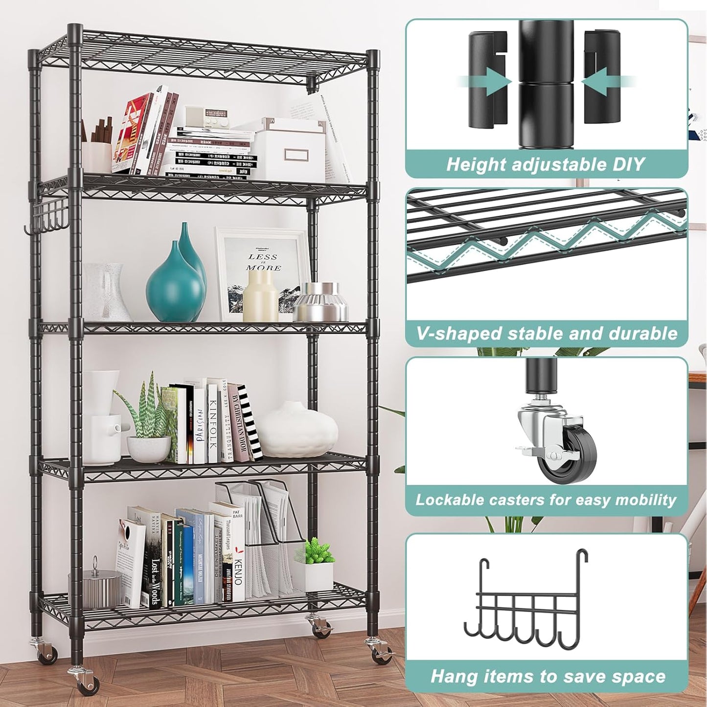 Himimi 5-Tier Storage Shelf Wire Shelving Unit on Wheels Heavy Duty Metal Shelves Adjustable Steel Rack Organization for Kitchen Garage Basement, Black