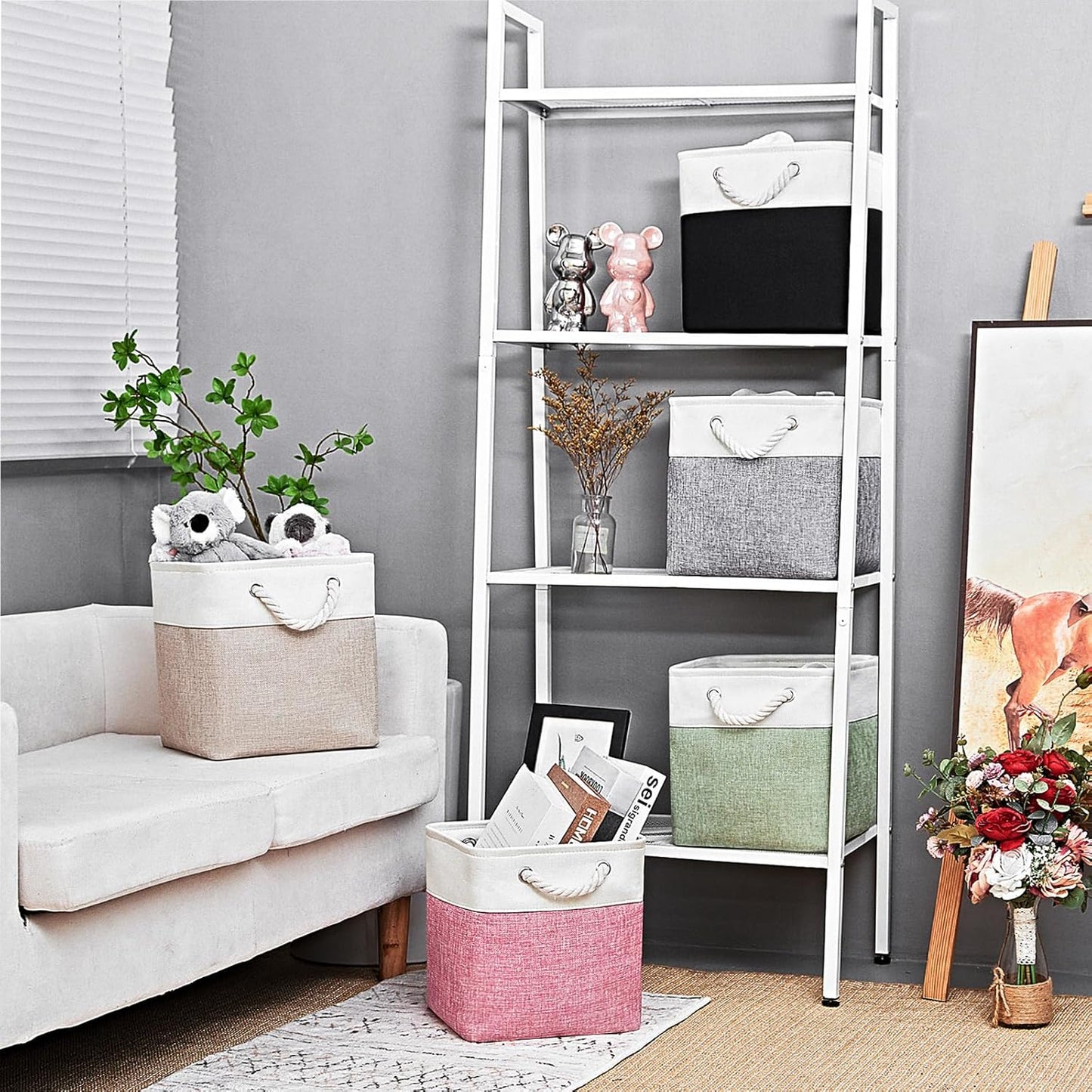 Cube Storage Bins, Collapsible Fabric Storage Cubes Bins, 11 Inch Cube Storage Bins with Handles, Foldable Storage Cubes (White/Beige, 6Pack)