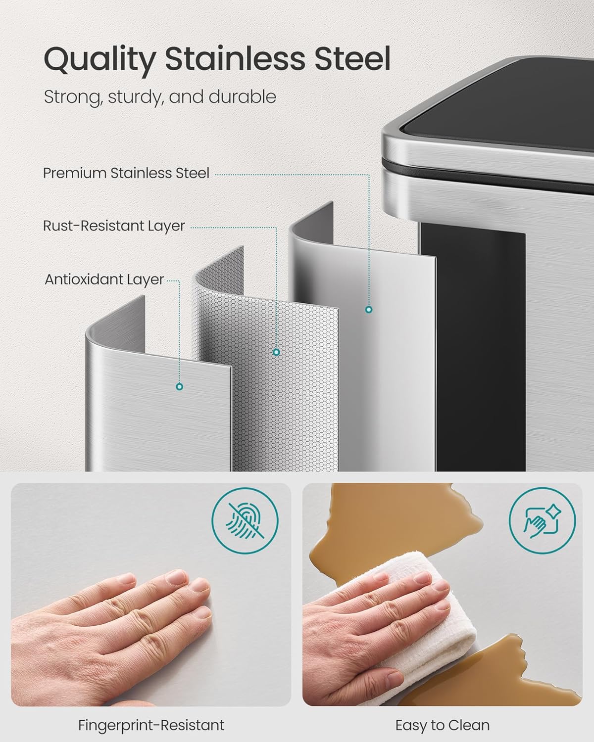 SONGMICS Trash Can, 13-Gallon Gabbage Can, with 15 Trash Bags, Stainless Steel, with Soft-Close Lid, Removable Inner Bucket, Handles, Silver ULTB595E01