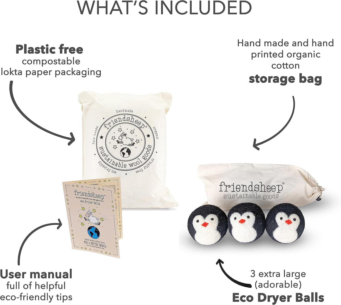 Friendsheep Wool Dryer Balls, Organic Reusable Fabric Softener Alternative for Laundry, Handmade, Fair Trade, Hypoallergenic, Eco-Friendly, Plastic-Free (3 Pack XL – Penguin)