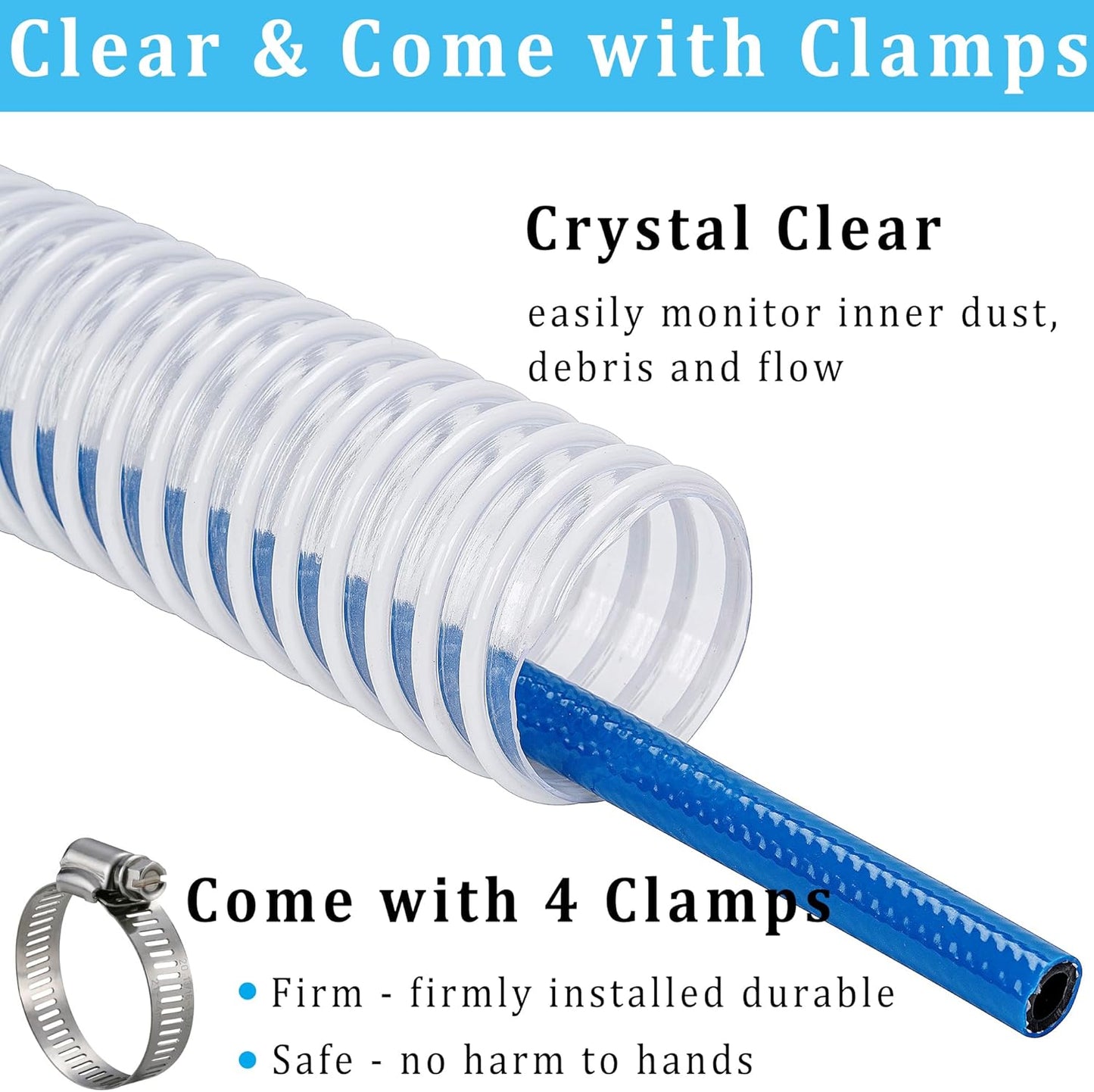 Dust Collection Hose 2-1/2 in × 10 ft Heavy Duty Clear Flexible PVC Reinforced Thicken Helix Suction Discharge Corrugated Pipe Hose for Fume Dust Collector Fitting Wood Chip Saw (2.5 inch hose)
