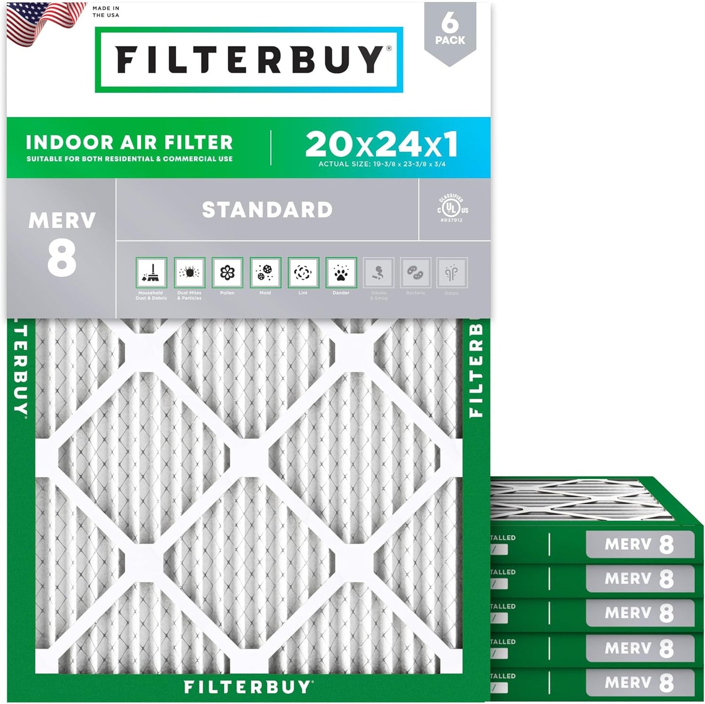 Filterbuy 20x24x1 Air Filter MERV 8 (MPR 700) Dust Defense Replacement (6-Pack), Electrostatic Pleated HVAC AC Furnace Filters, Made in USA (Actual Size: 19.38 x 23.38 x 0.75)