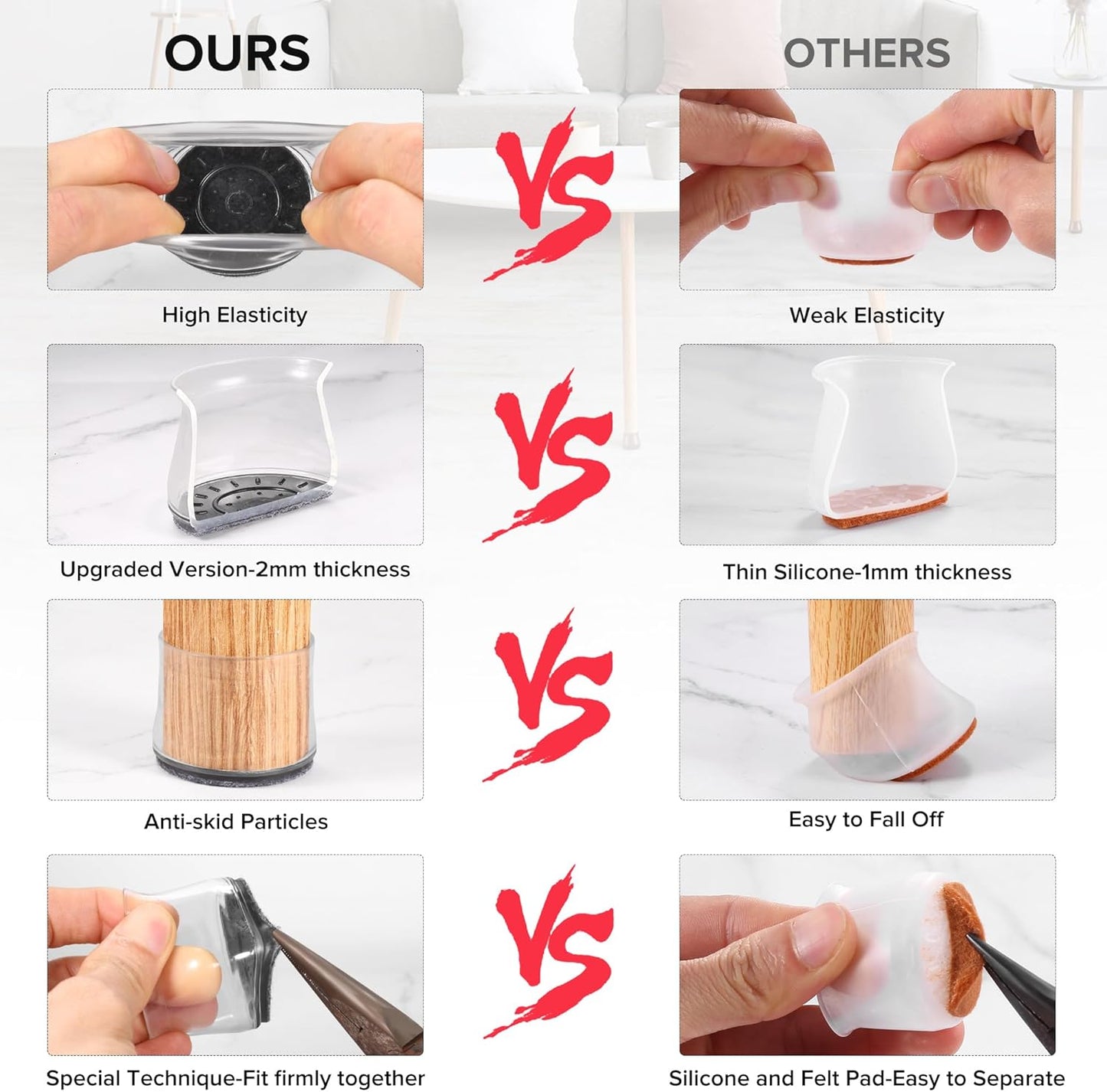 24PCS Upgraded Silicone Chair Leg Floor Protectors for Hardwood Floors, Furniture Sliders for Chair Legs, Felt Bottom Furniture Pads, Anti-Slip Round&Square Cap Covers to Scratch and Reduce Noise