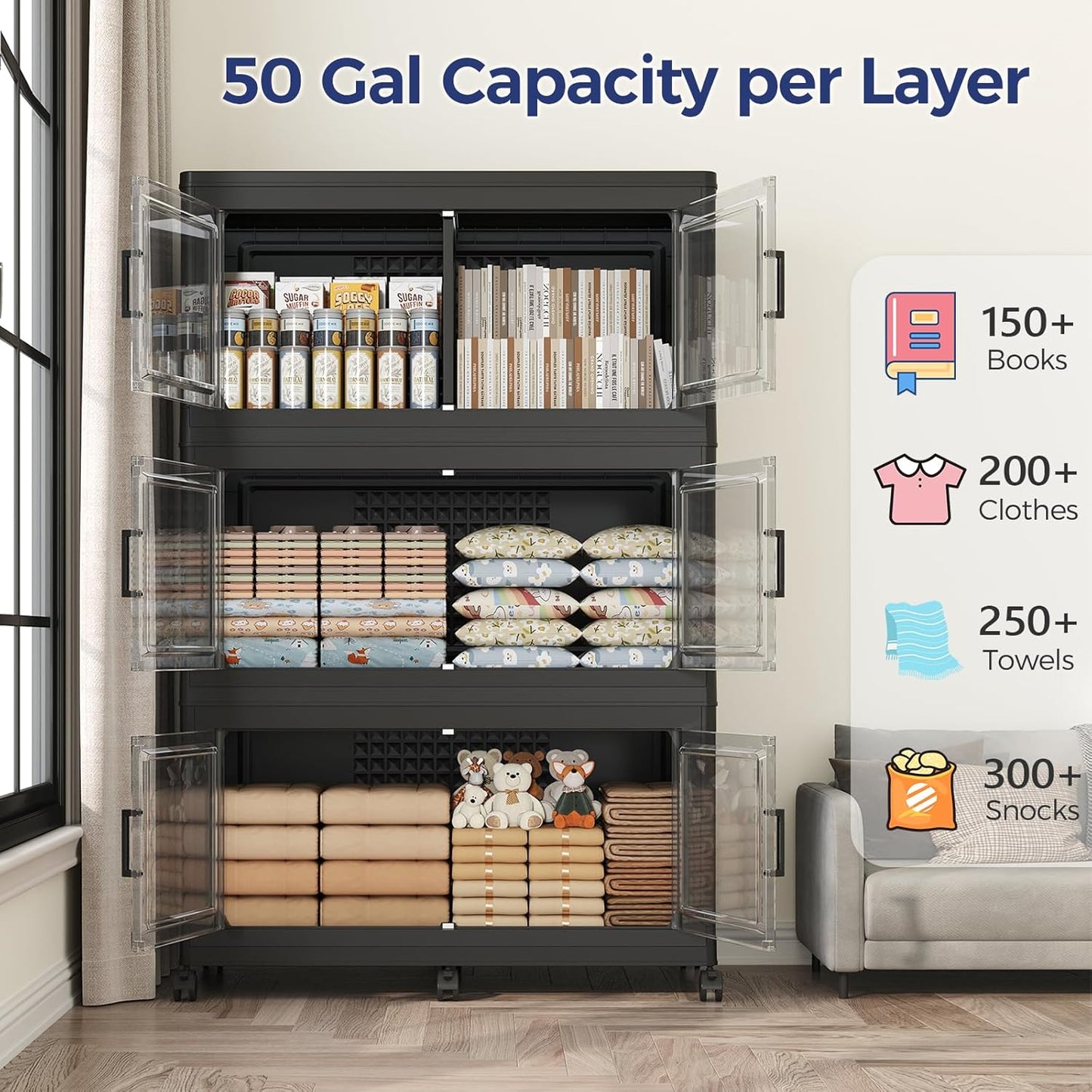 150GAL Storage Bins with Lid and Wheels, Stackable Closet Organizers and Storage Drawer, Collapsible Storage Box with Dividers, Foldable Plastic Cabinets Cubes Totes for Garage, 3 Pack Black