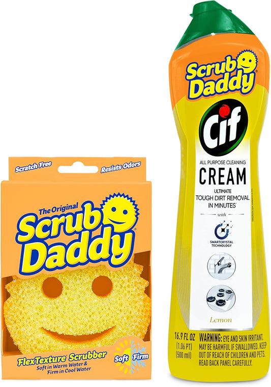 Scrub Daddy Sponges & Cif All Purpose Cleaner, Lemon - Non Scratch Sponges for Kitchen + Bathroom - Scrubber and Multipurpose Cleaner Cream - Cleaning Supplies Kit