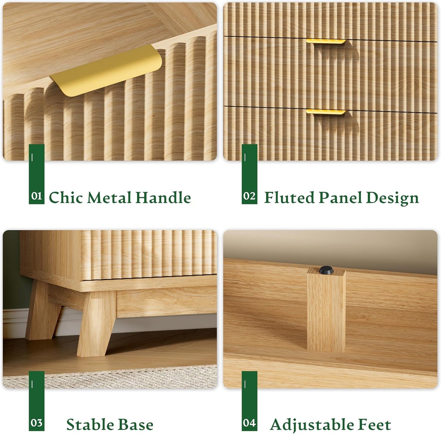 Fluted Dresser with 8 Drawers, 54" Wide Modern Chest of Drawers with Metal Handle, Wooden Dresser TV Stand, Wood Closet Clothes Storage Organizer for Bedroom, Living Room, Hallway, Natural Oak