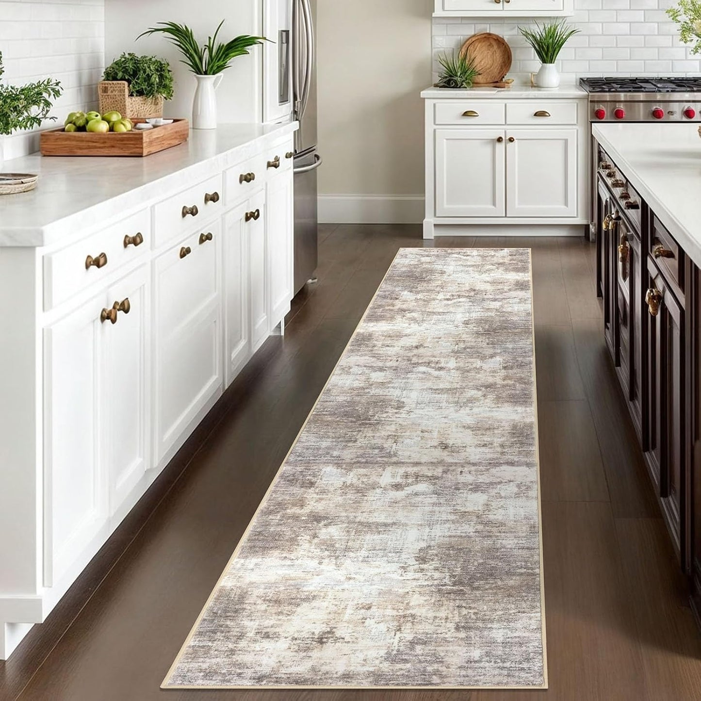 IOHOUZE Abstract Runner Rug 2x10 Ft Washable Runners for Hallways, Non Slip Kitchen Runner Printed Faux Wool Entryway Runner Indoor, Modern Abstract Floor Carpet for Hall Kitchen, Beige Brown