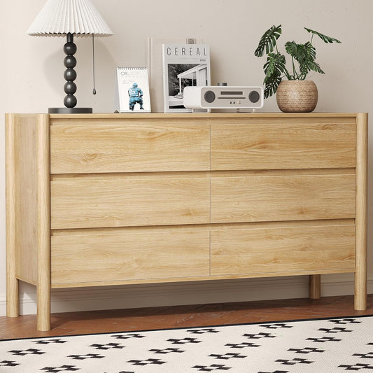 Dresser for Bedroom with 6 Drawers,47" Wide Oak Dresser with 4 Solid Wood Legs, Wooden TV Stand,Closet Clothes Organizer for Bedroom, Hallway