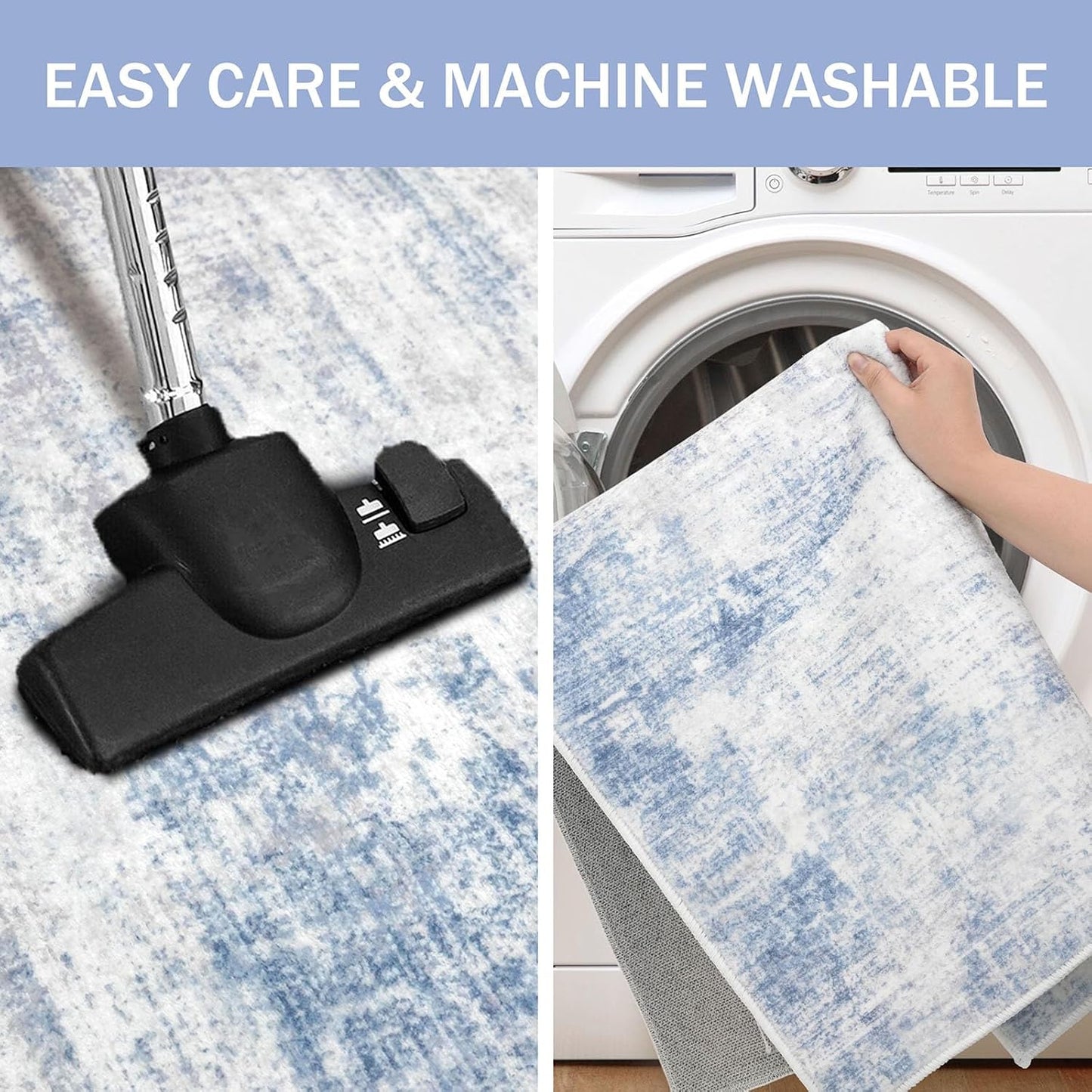 IOHOUZE Abstract Area Rugs 6x9 Ft Washable Rugs for Living Room, Non Slip Dining Room Rug, Printed Faux Wool Rugs for Bedroom, Floor Carpet for Office Nursery Playroom, Light Blue White