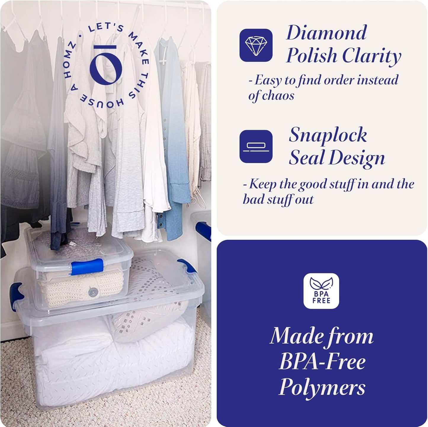 HOMZ 2-Pack Latching Lid, Large Clear Plastic Storage Bins with Lids, 66 Quart, Blue Latch - Stackable Container Boxes for Home, Bathroom, and Office Organization