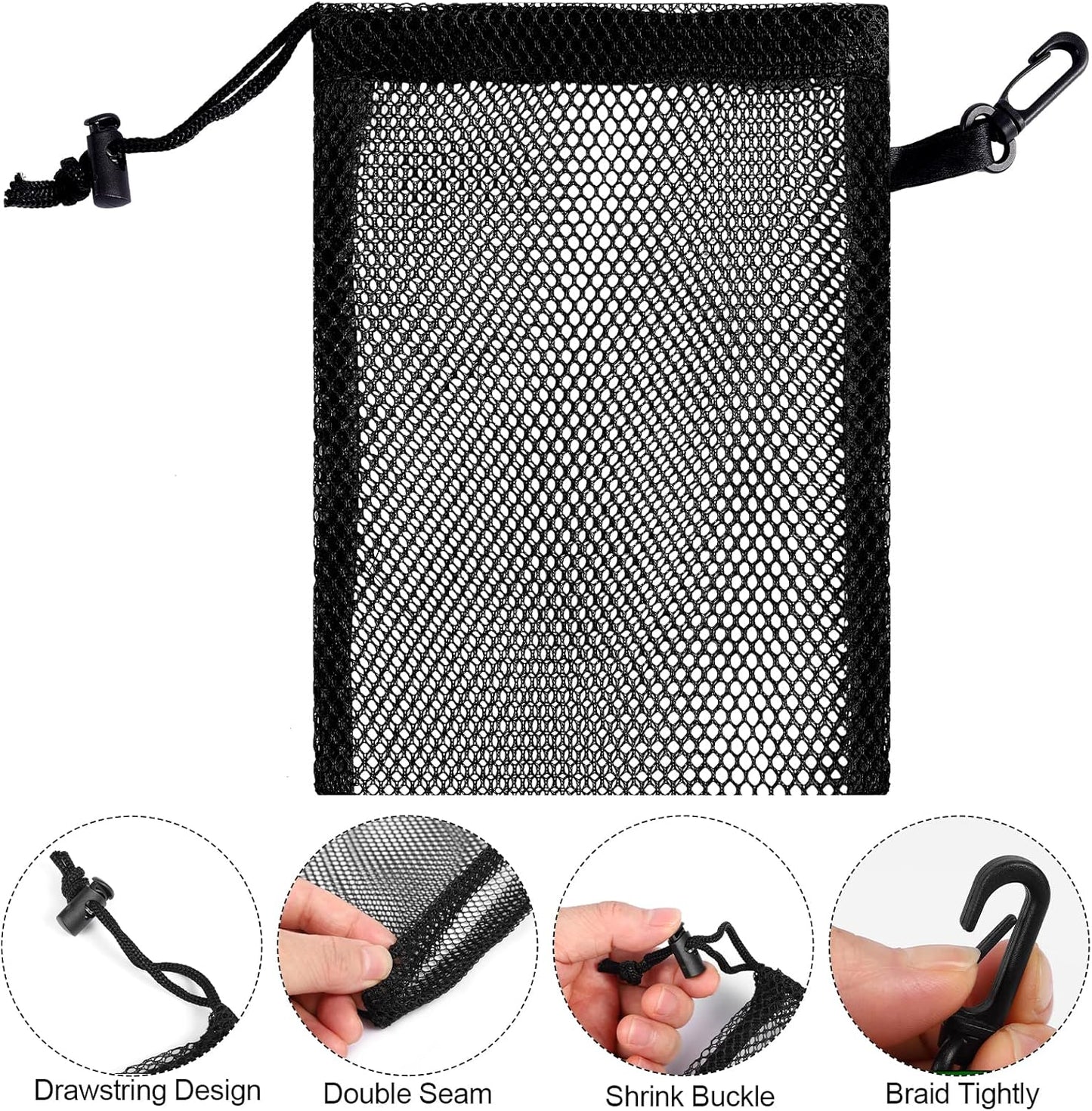 iMucci 12 Pieces Black Mesh Drawstring Bag with Clips, Nylon Drawstring Bags Pocket Foldable Beach Bag with Cord Lock for Swimming Collecting Toys Laundry Sports Gym Beach Travel