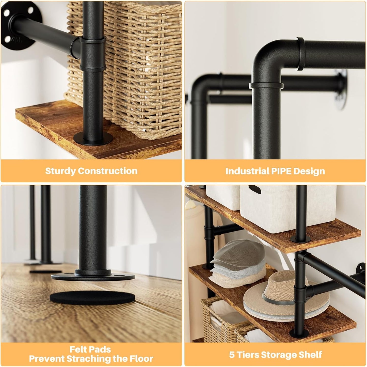 Aheaplus Industrial Pipe Clothing Rack, Reversible 6.42FT Clothes Rack for Hanging Clothes, Heavy Duty 5-Tier Closet Wardrobe Garment Racks with Shelves, Corner Closet Organizer System, Rustic Brown