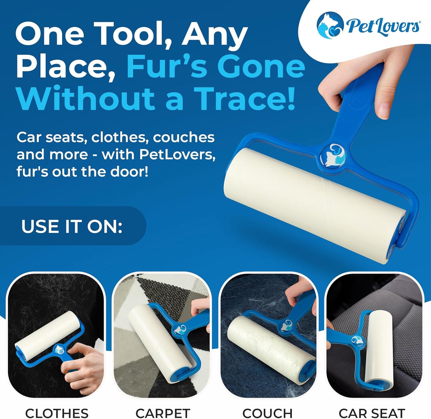 PetLovers 6.3" Large Lint Roller for Pet Hair Extra Sticky 360 Sheets, Ideal for Pet Hair Removal from Furniture & Clothes, Dog and Cat Lint Remover 4 Pack