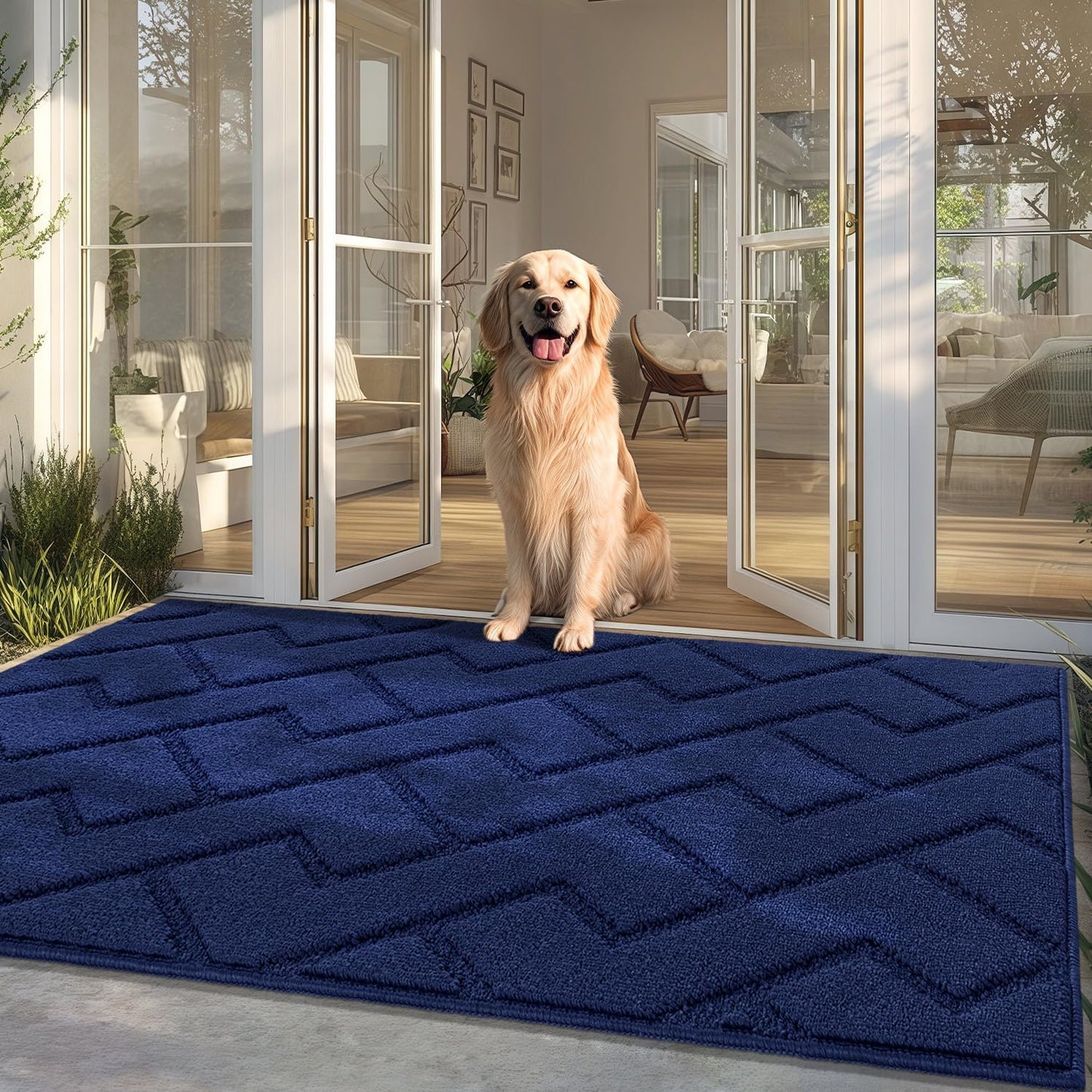 hicorfe Front Door Mat Outside Entrance,36"x59" Absorbent Muddy Dirt Resist Welcome Door Mats Outdoor Indoor,Stain and Fade Resistant,Non Slip Backing Entry Mat Doormat for Entryway(Navy Blue)