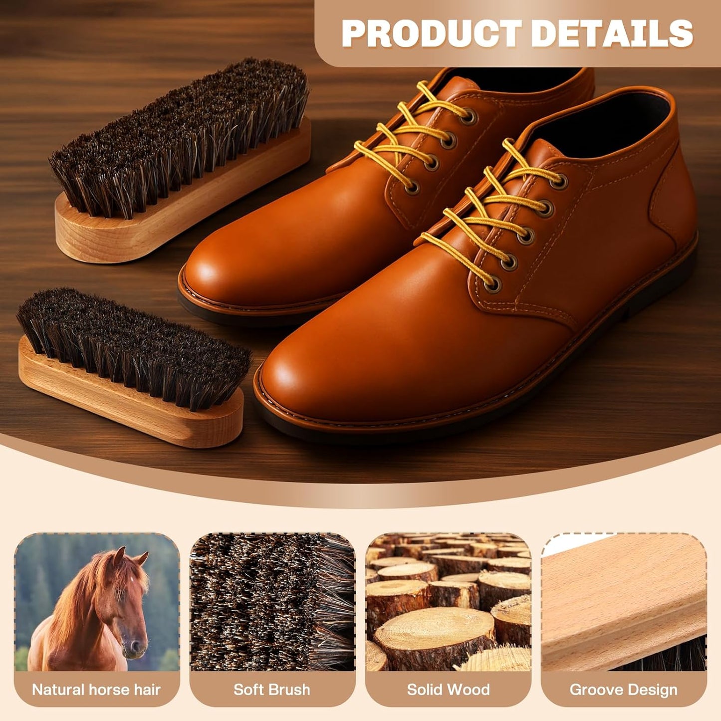 2 Pcs Horsehair Shine Shoes Brush Kit Polish Dauber Applicators Cleaning Leather Shoes Boots Care Brushes Suede Cleaner Brush(Wooden Concaved Brush)