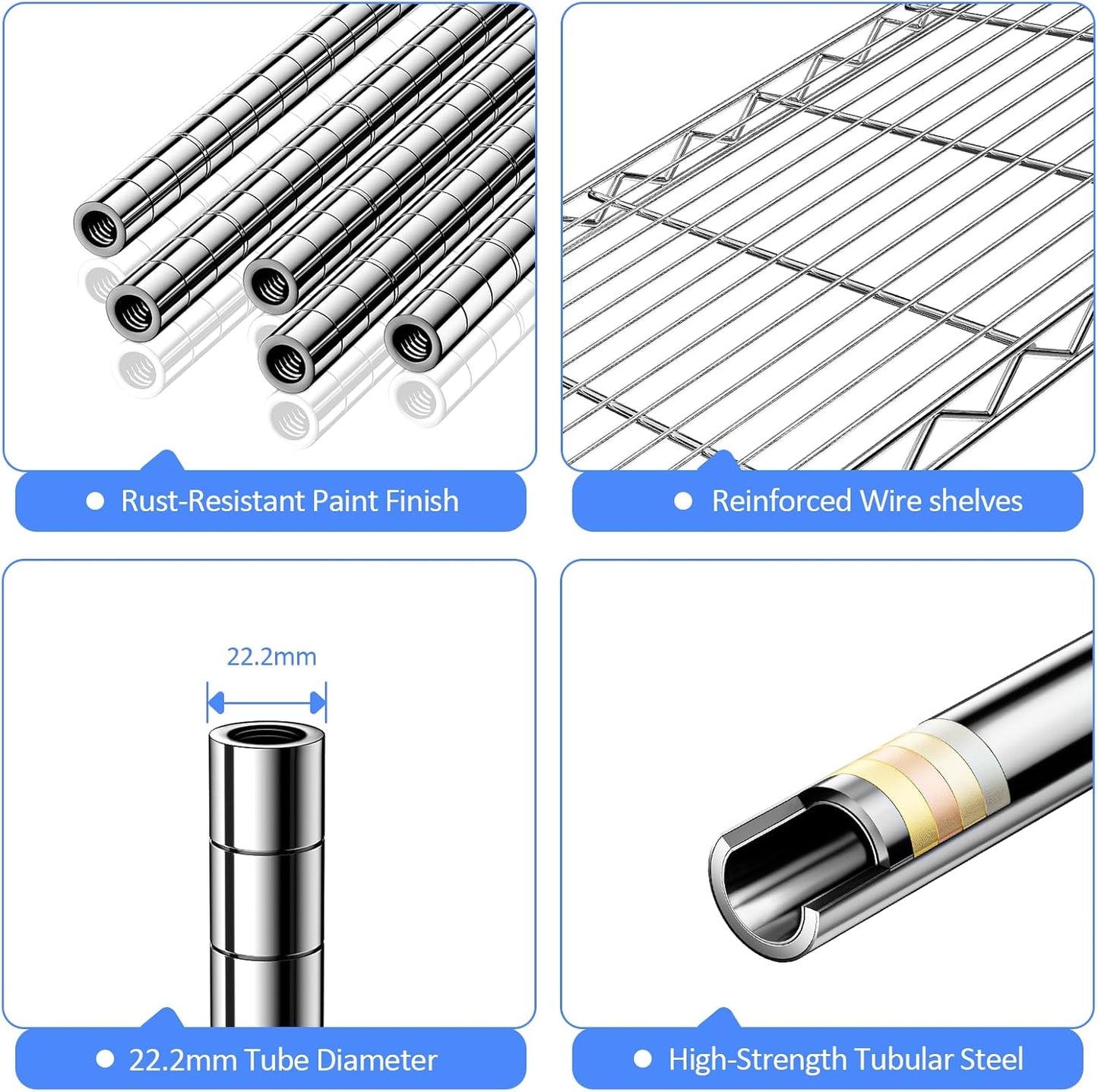 IZEUK 5-Tier Heavy Duty Metal Storage Shelving Unit (Chrome, 17.7" D x 47.2" W x 72.3" H, 1750 lbs Capacity), Adjustable Steel Wire Rack Shelf Organizer for Garage, Kitchen, Pantry, Basement, Laundry