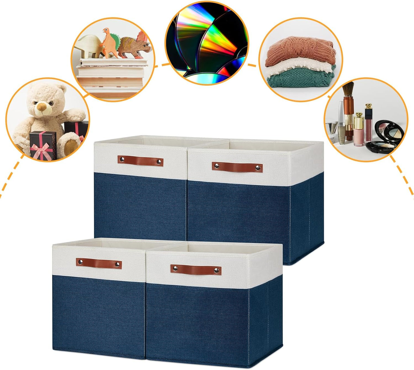 DULLEMELO 13 inch Cube Storage Bins, Gift Baskets Empty for Boy Girl Mother Father Christmas Festival,Fabric Storage Bins Cube Organizer Baskets With Leather Handles(White&Blue-4 Pack)