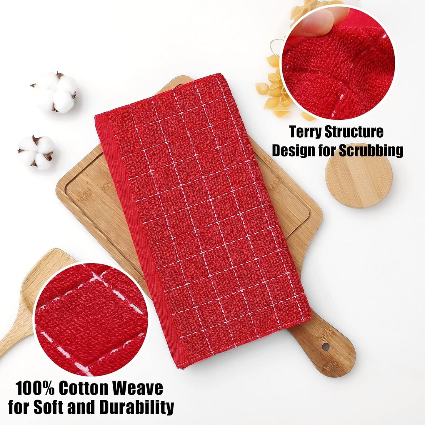 Homaxy 100% Cotton Terry Kitchen Dish Cloths, Ultra Soft and Absorbent Dish Towels for Kitchen, Suitable for Drying and Washing Dishes, 12 Pack, 12 x 12 Inches, Red