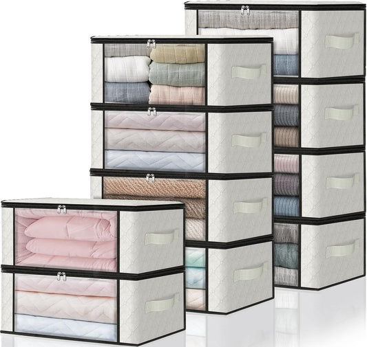 HomeHacks Storage 10-Pack Clothes Organizer Storage Bags Foldable Storage Box with Large Clear Window Sturdy Handles for Closet, Dorm, Pillows, Bedding, Clothes, Blankets, 35L, Ivory