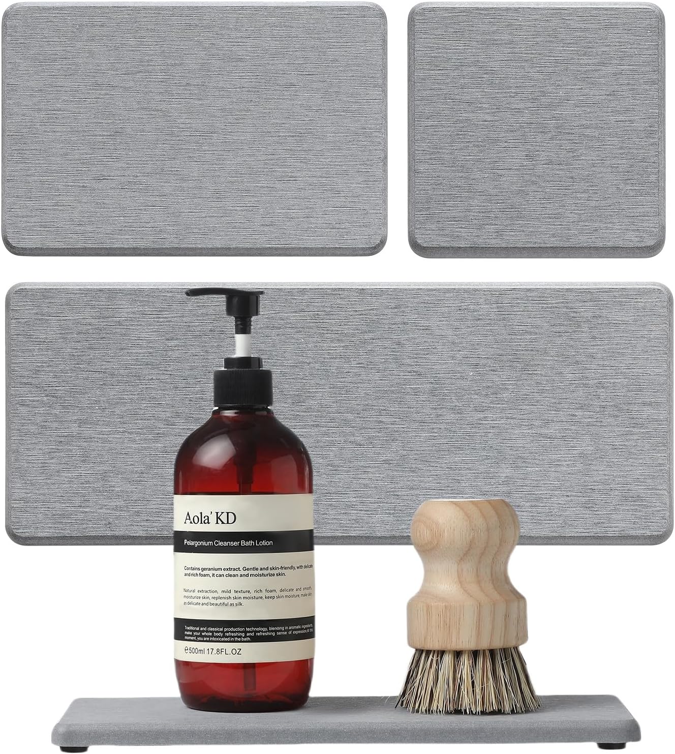 3PCS Bathroom Sink Vanity Trays, Quick Stone Drying Mat Dish Soap Dispenser Sponge Holder for Kitchen Counter, Diatomaceous Earth Water Absorbing Caddy Organizer, Light Grey