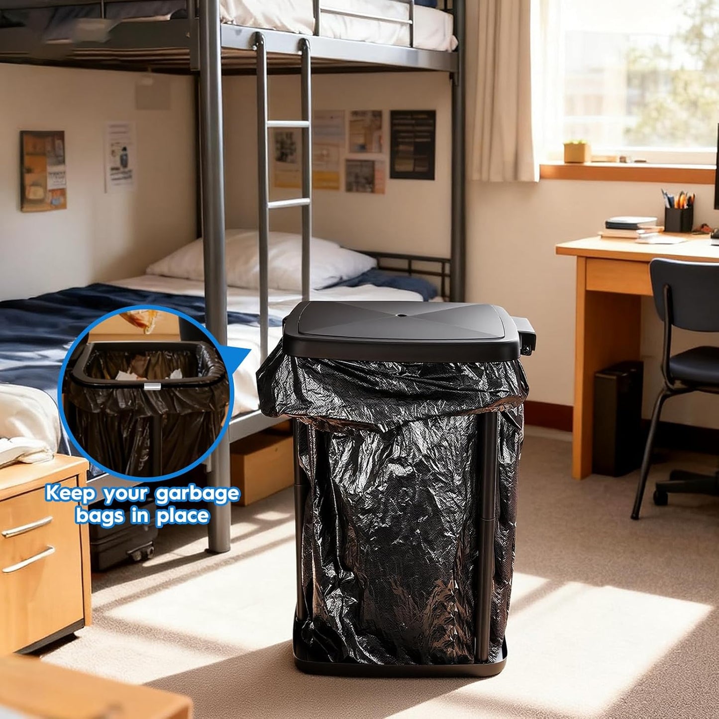 Portable Trash Bag Holder Collapsible Garbage Bin with Lid and Bands, Expandable Indoor Outdoor Trash Can Holder Stand for RV Camping Kitchen, Black