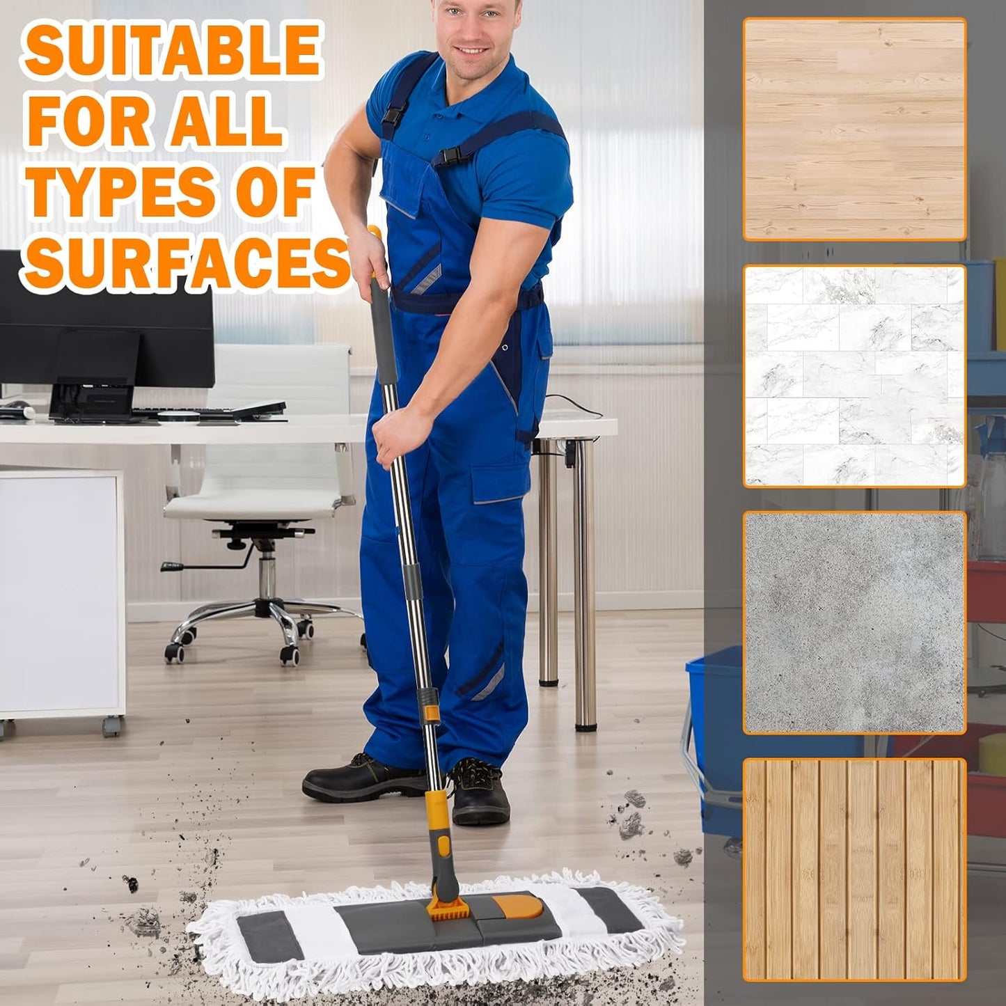 MASTERTOP Dust Mop for Floor Cleaning, Microfiber Floor Mop with 2 Washable Pads, Height Adjustable Long Handle, 24.6'' Dry and Wet Flat Mop for Hardwood, Laminate, Tile, Marble