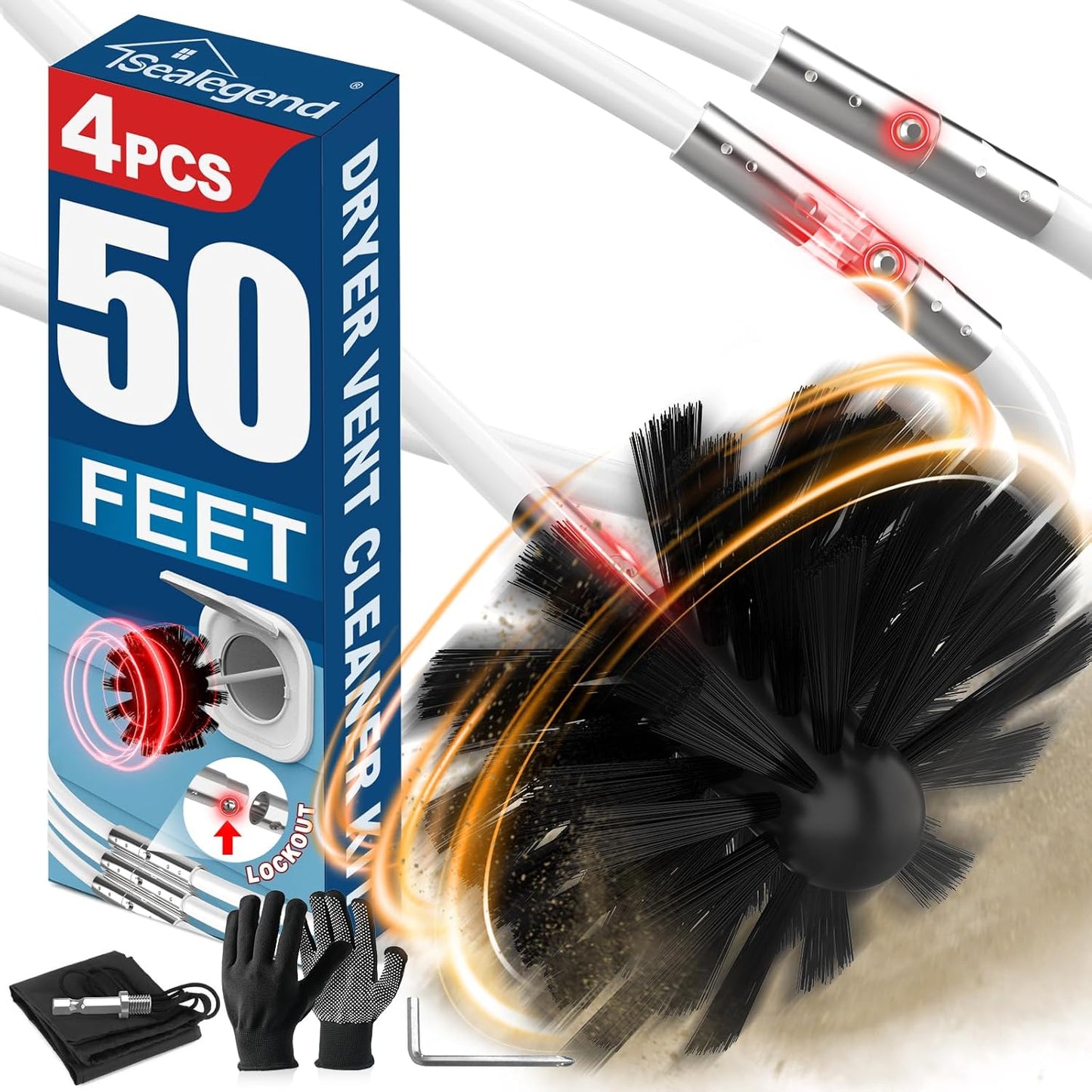 Sealegend 50 Feet Dryer Vent Cleaner Kit/Lint Remover/Fireplace Chimney Brushes/Upgraded Flexible Quick-Snap Brush with Drill Attachment for Easy to use/Cleaning Tools Use with or Without Power Drill